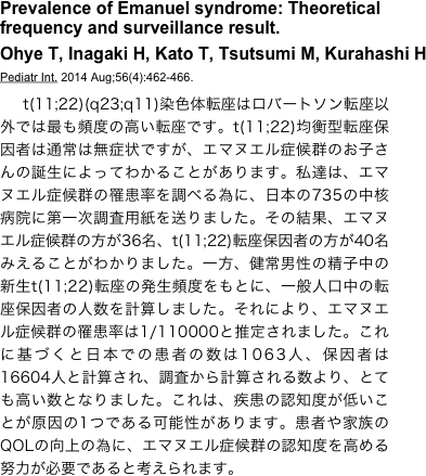 
Prevalence of Emanuel syndrome: Theoretical frequency and surveillance result.
Ohye T, Inagaki H, Kato T, Tsutsumi M, Kurahashi H
Pediatr Int. 2014 Aug;56(4):462-466. 

　t(11;22)(q23;q11)染色体転座はロバートソン転座以外では最も頻度の高い転座です。t(11;22)均衡型転座保因者は通常は無症状ですが、エマヌエル症候群のお子さんの誕生によってわかることがあります。私達は、エマヌエル症候群の罹患率を調べる為に、日本の735の中核病院に第一次調査用紙を送りました。その結果、エマヌエル症候群の方が36名、t(11;22)転座保因者の方が40名みえることがわかりました。一方、健常男性の精子中の新生t(11;22)転座の発生頻度をもとに、一般人口中の転座保因者の人数を計算しました。それにより、エマヌエル症候群の罹患率は1/110000と推定されました。これに基づくと日本での患者の数は1063人、保因者は16604人と計算され、調査から計算される数より、とても高い数となりました。これは、疾患の認知度が低いことが原因の1つである可能性があります。患者や家族のQOLの向上の為に、エマヌエル症候群の認知度を高める努力が必要であると考えられます。
