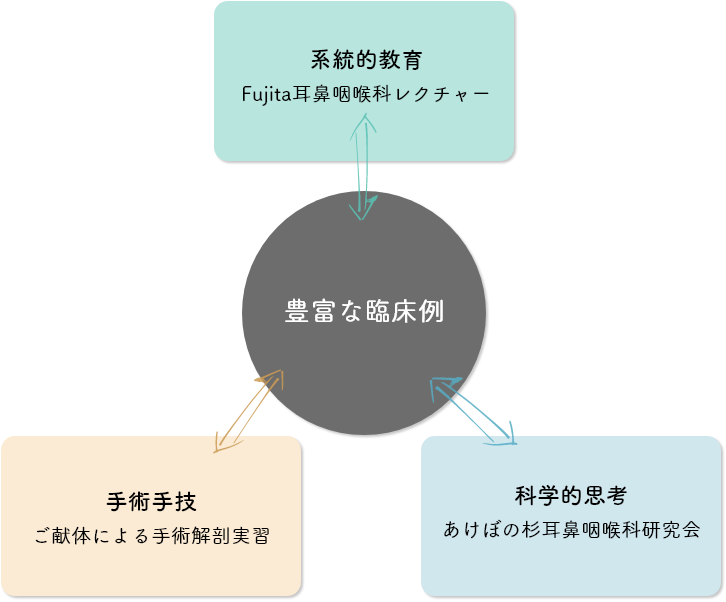「系統的な臨床教育」、「手術手技トレーニング」、「科学的思考のトレーニング」の3つの柱