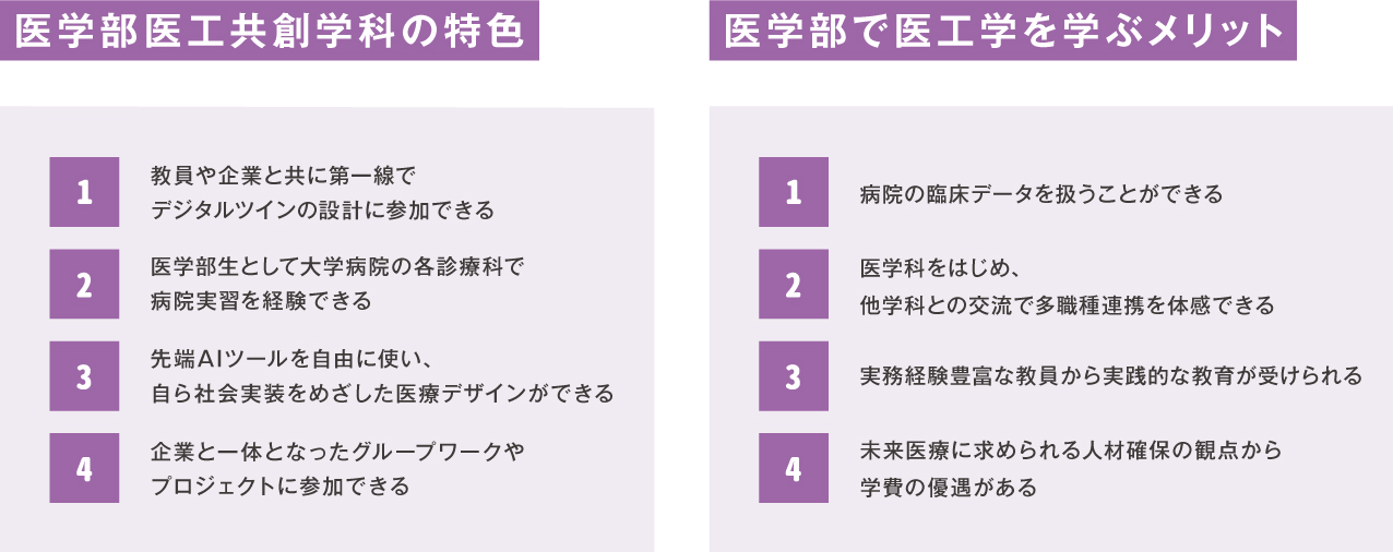 医工共創学科の特色と医学部で学ぶメリットの説明