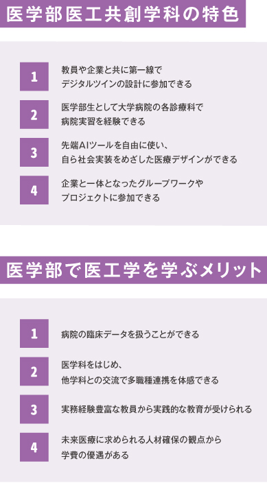 医工共創学科の特色と医学部で学ぶメリットの説明