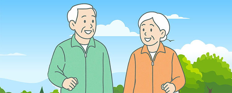 仲良くウォーキングする老夫婦のイラスト