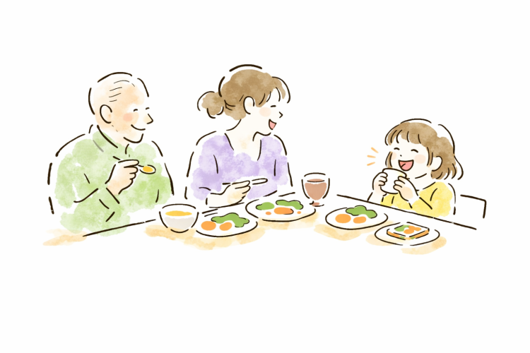 老人が家族と食事を楽しむイラスト